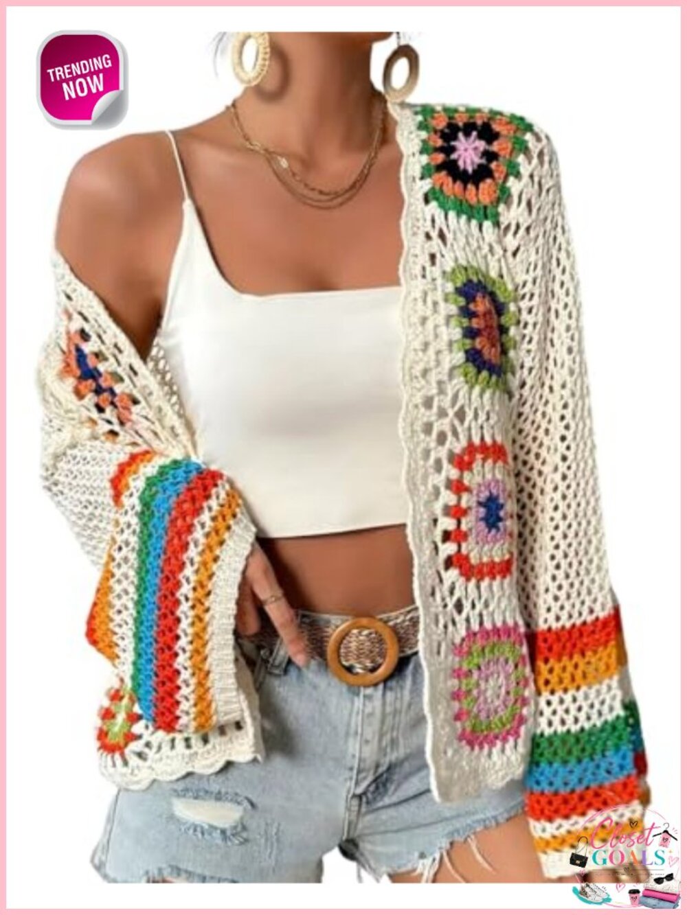Crochet Floral Cardigan Boho Open Front Long Sleeve Sweater